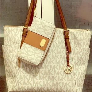 Authentic tan &white Michael Kors purse and wallet